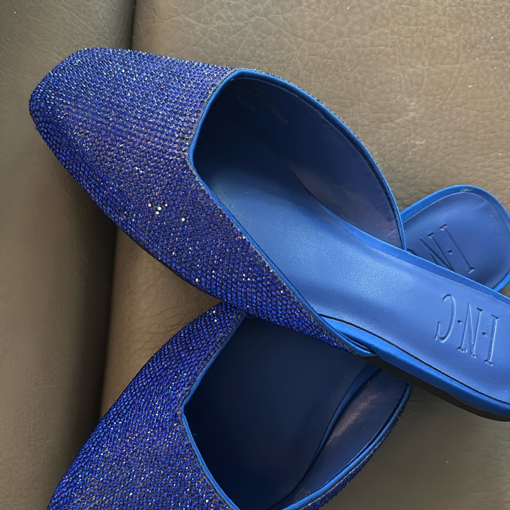 INC cobalt blue rhinestone slip on mule - EUC